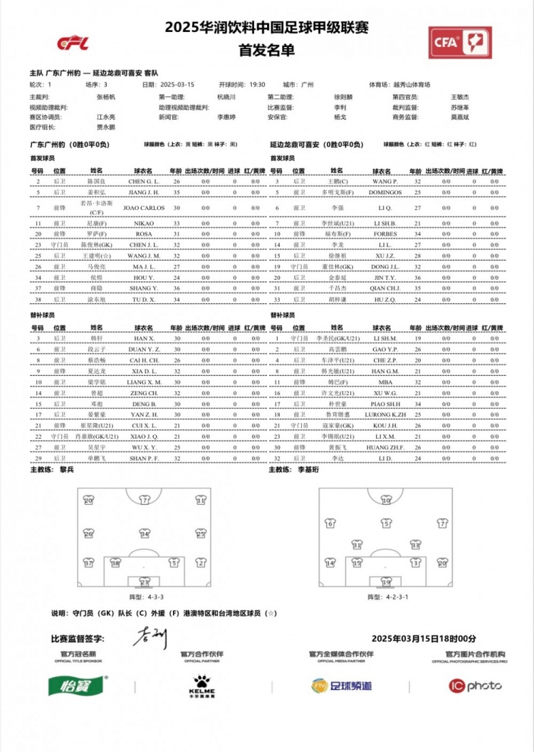  廣州豹vs延邊龍鼎首發(fā)：卡洛斯、羅薩、尼康三外援領(lǐng)銜廣州豹