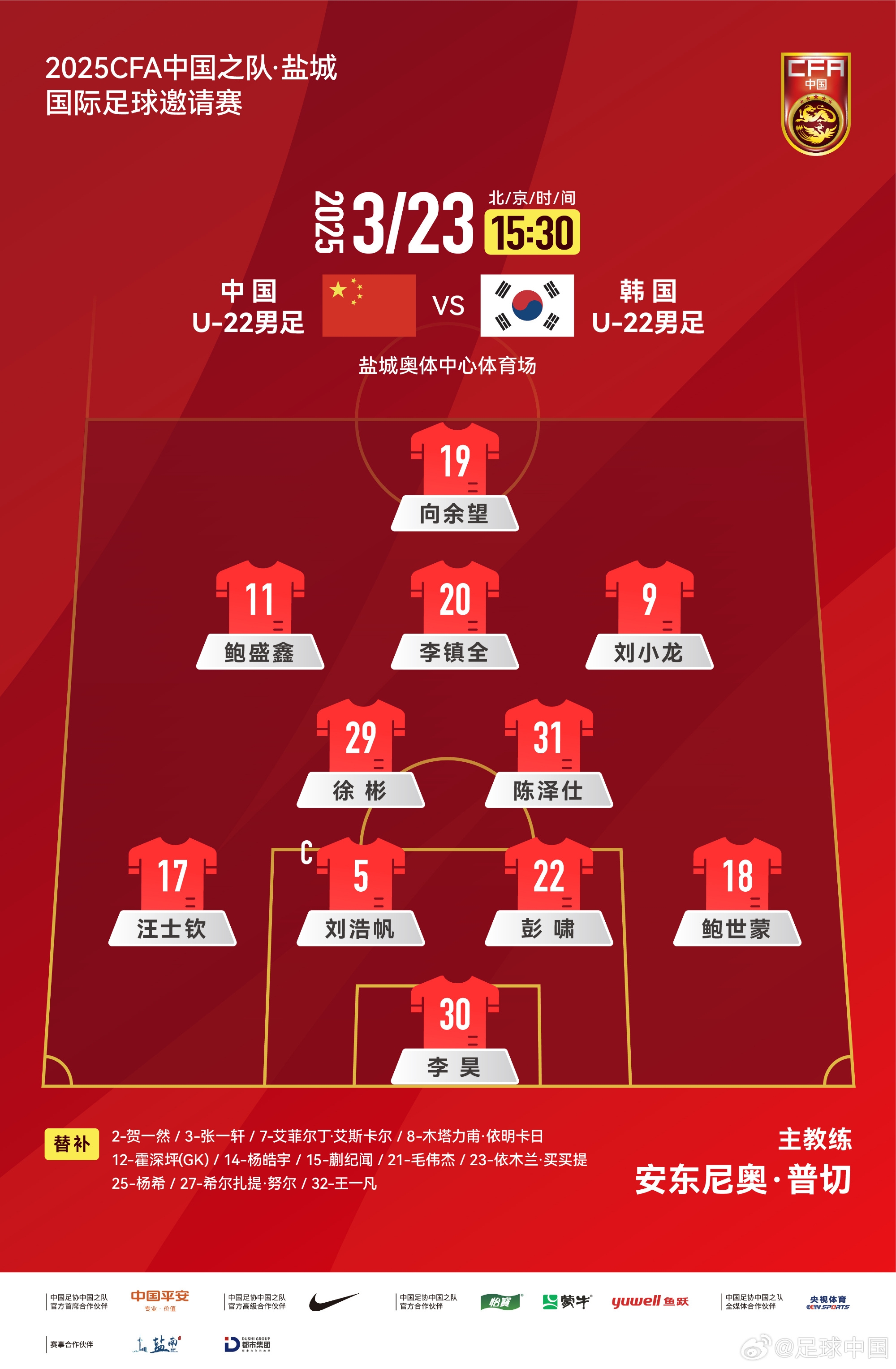  鹽城四國賽，中國U-22男足對(duì)陣韓國U-22男足，中國隊(duì)首發(fā)陣容